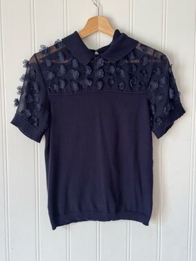 Draper James Navy Floral-Appliqué Sweater Top